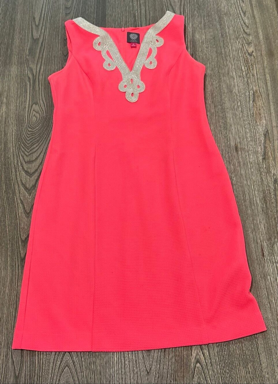 Vince Camuto Women's Sleeveless V-Neck Gold Trim Shift Dress Neon Pink Size 8